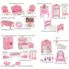 A set of pink dollhouse furniture including a bed, chair, cabinet, and toilet for miniature rooms.