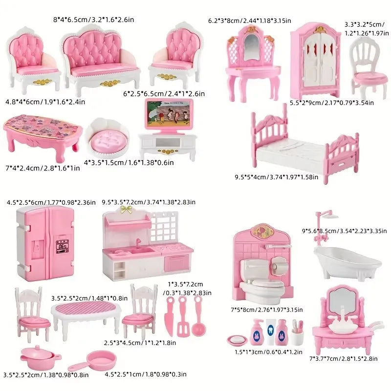 A set of pink dollhouse furniture including a bed, chair, cabinet, and toilet for miniature rooms.