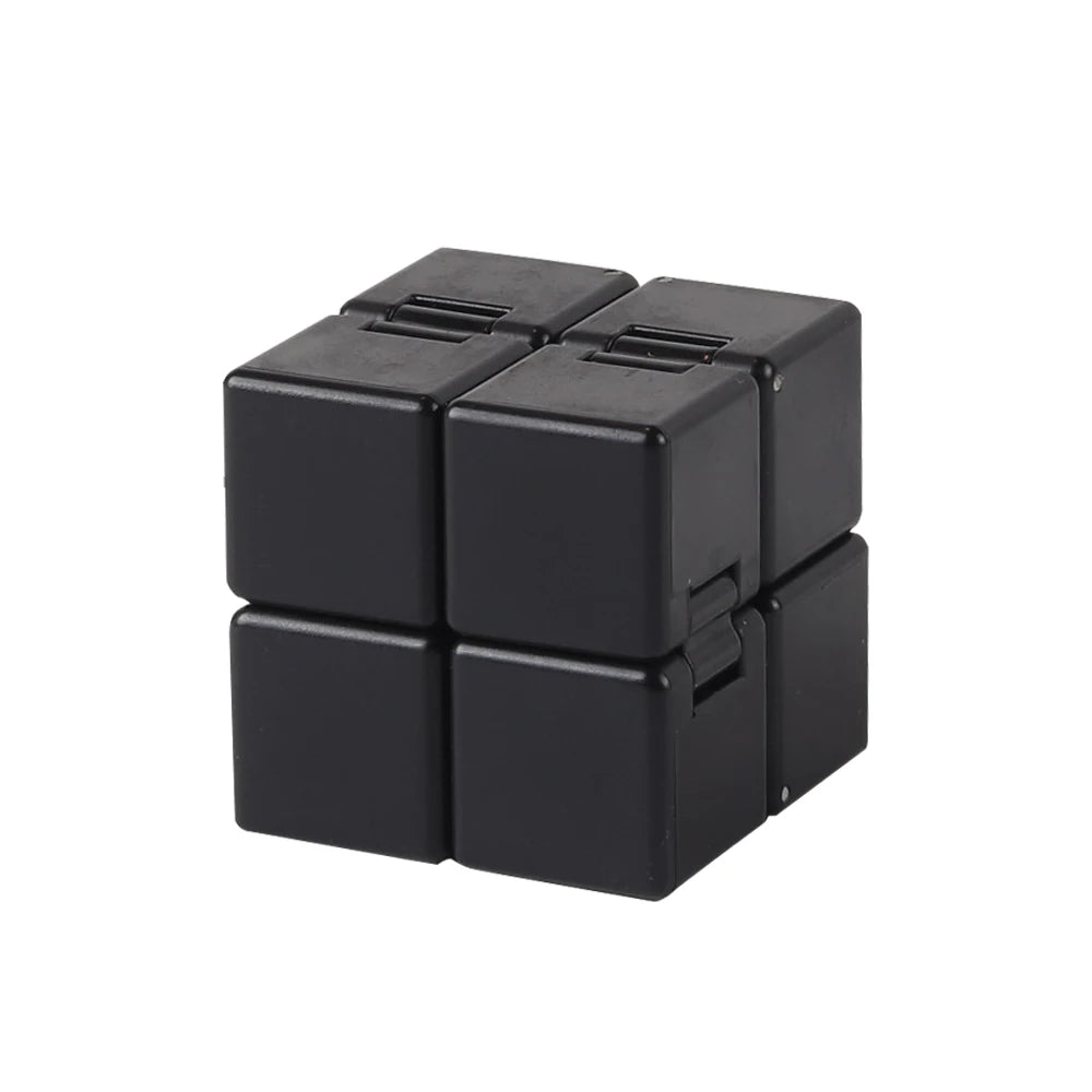 A black Infinity Cube fidget toy with multiple interlocking cubes.