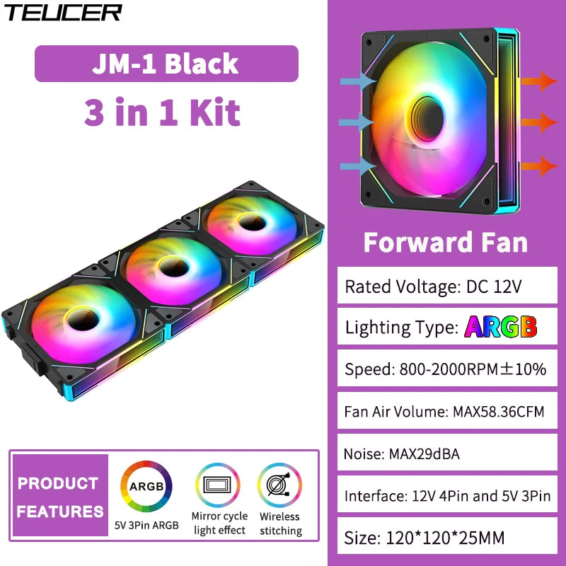 JM-1 Schwarz 3-in-1-Kit mit 360mm ARGB PC-Kühlventilator und Spiegellicht-Effekt