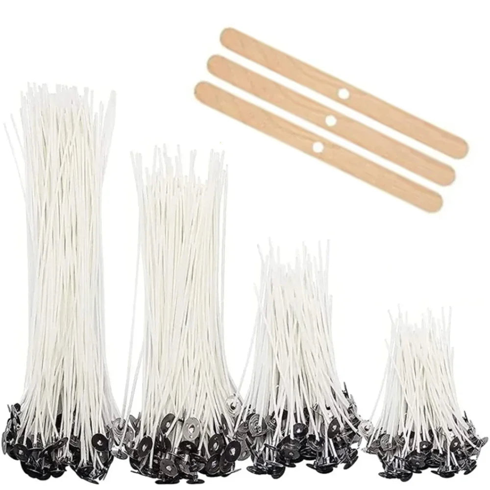 A set of 53 natural cotton candle wicks with metal stands arranged in a bundle.