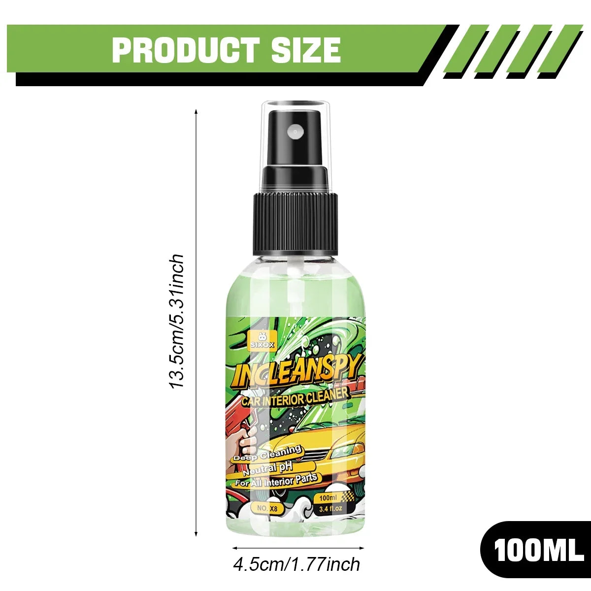 A bottle of Incleanspy Car Interior Cleaner with a black pump dispenser and a light green liquid.