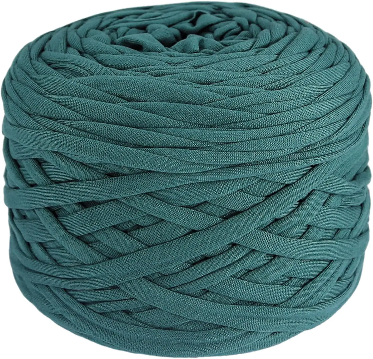 Eine Kugel dicker, tealgrüner Polyester-Strang, fest aufgewickelt.