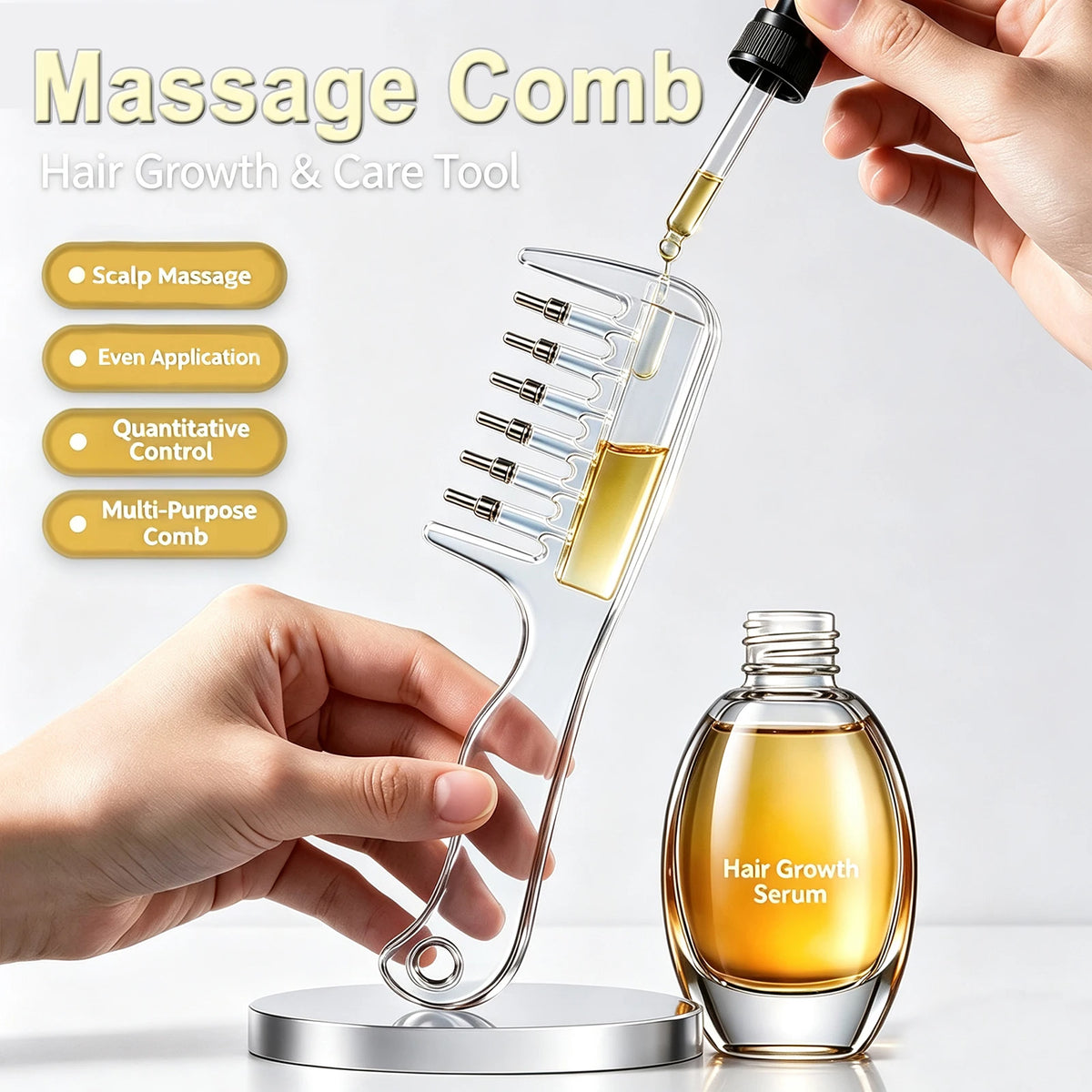 A hand holds a clear scalp massage comb with a roller ball applicator next to a glass bottle of hair growth serum.