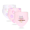 A set of three pink baby bibs featuring cute owl and flower cartoon prints.