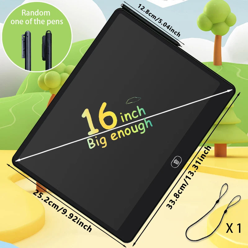 Une tablette d'écriture LCD noire avec un arbre vert en arrière-plan, montrant sa taille et ses fonctionnalités.