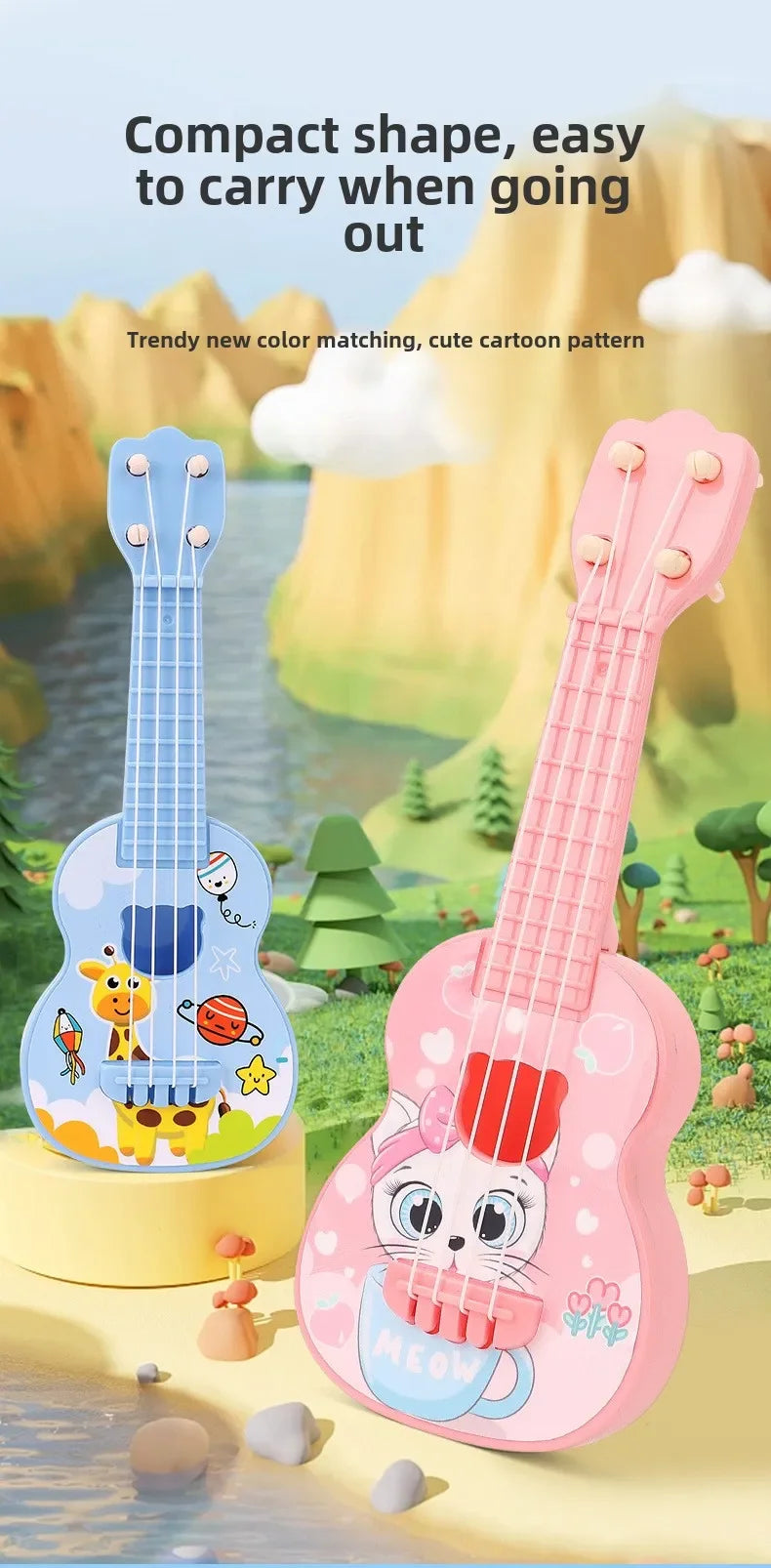 A pink mini ukulele toy guitar with a cute cartoon cat design is displayed outdoors on a grassy area.
