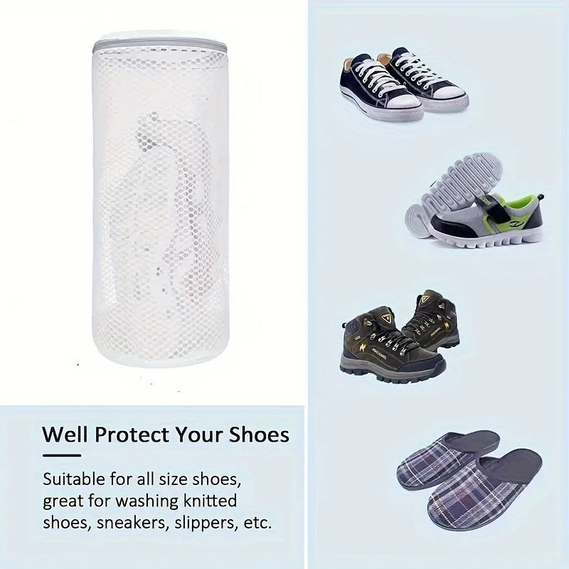 A white reusable mesh laundry bag designed to protect and wash shoes, sneakers, or slippers.