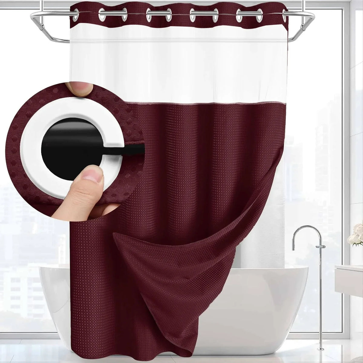 Double-Layer Waffle Shower Curtain with Built-in Snap Liner
