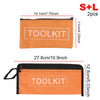 Two orange and black tool kits are shown, measuring 19.7cm by 11cm and 27.8cm by 12.8cm.