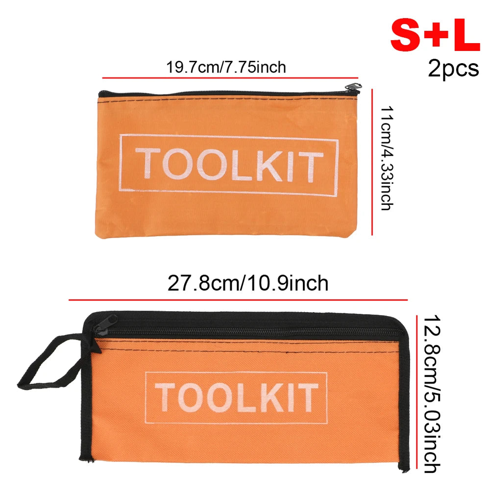 Two orange and black tool kits are shown, measuring 19.7cm by 11cm and 27.8cm by 12.8cm.