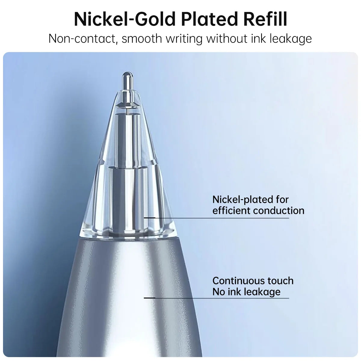 Nickel-gold plated refill for a pen tip showing smooth writing and no ink leakage