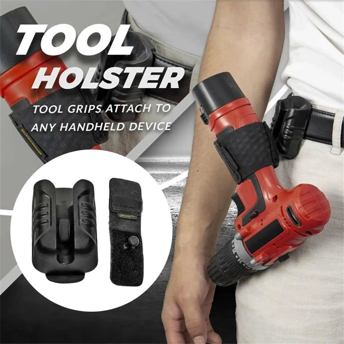 A red tool holster attaches to a belt clip, demonstrating a hands-free carry solution for tools.