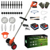 A set of cordless grass trimmers and edgers with various attachments and batteries shown on a silver pole.