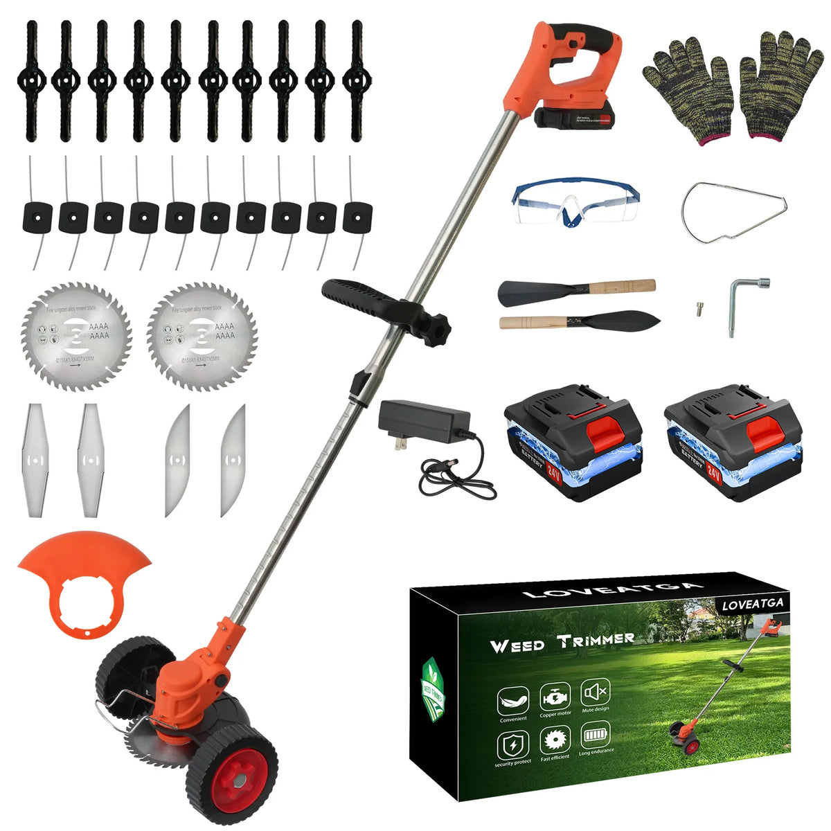 A set of cordless grass trimmers and edgers with various attachments and batteries shown on a silver pole.