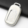 A clear silicone protective case for a car key fob showing various buttons and a key inside.
