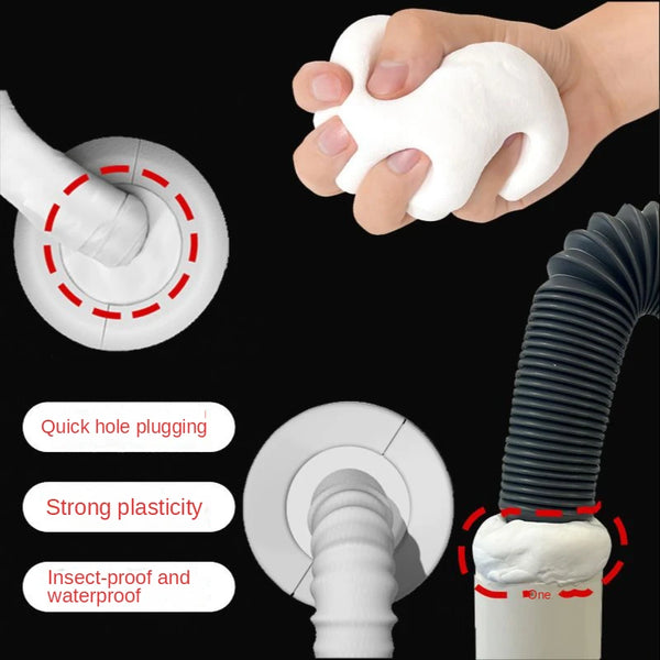 A hand is squeezing white sealing putty, demonstrating its strong plasticity and ability to create an insect-proof and waterp