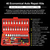 An open red box containing 46 pieces of economic auto repair kits including screwdrivers, sockets, and a ratchet wrench.