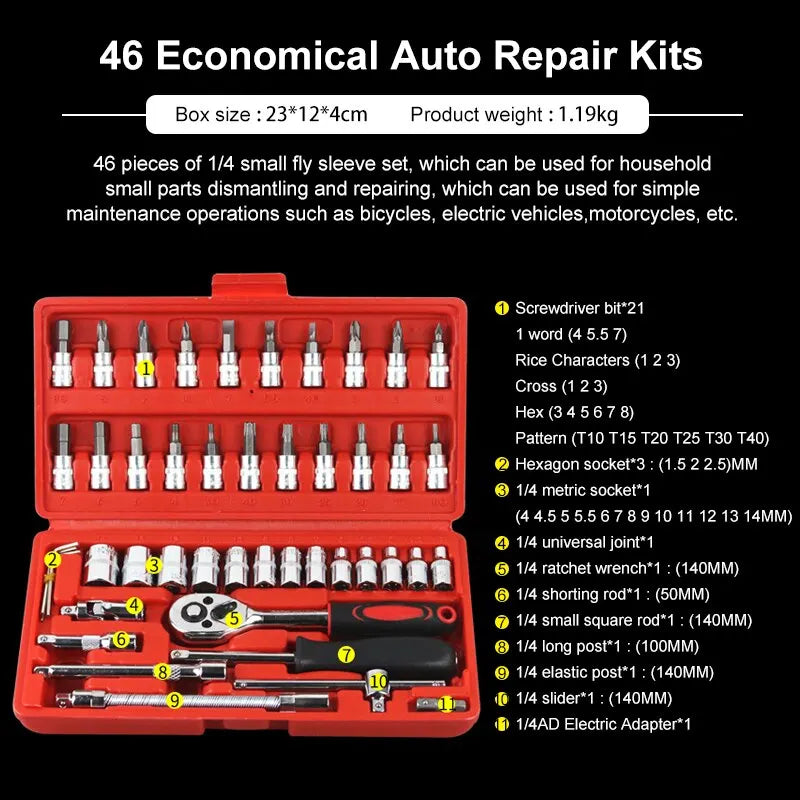 An open red box containing 46 pieces of economic auto repair kits including screwdrivers, sockets, and a ratchet wrench.
