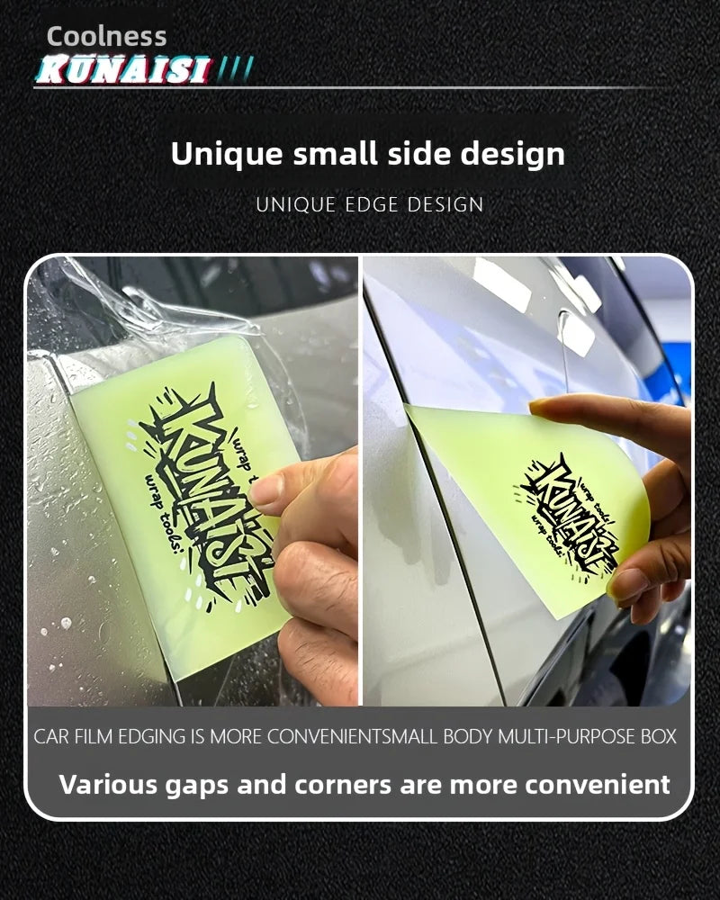 A close-up of a yellow TPU car wrap film being applied to a vehicle surface with a squeegee, highlighting its unique edge des