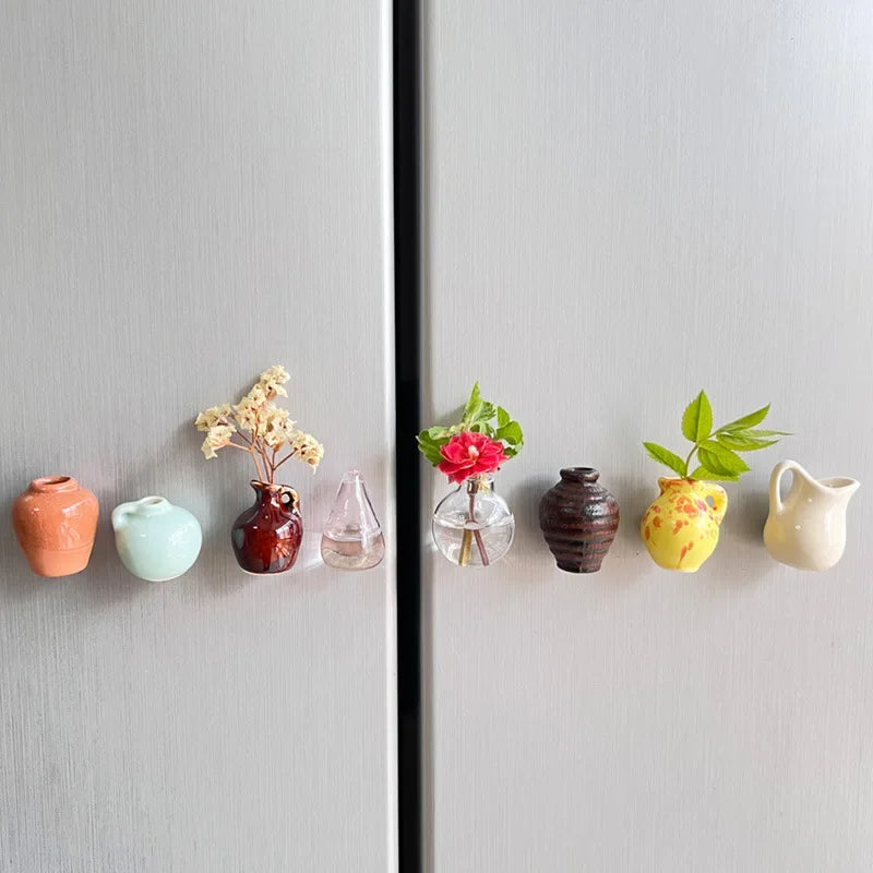 Mini Ceramic Vase Fridge Magnet with Artificial Flower Holder
