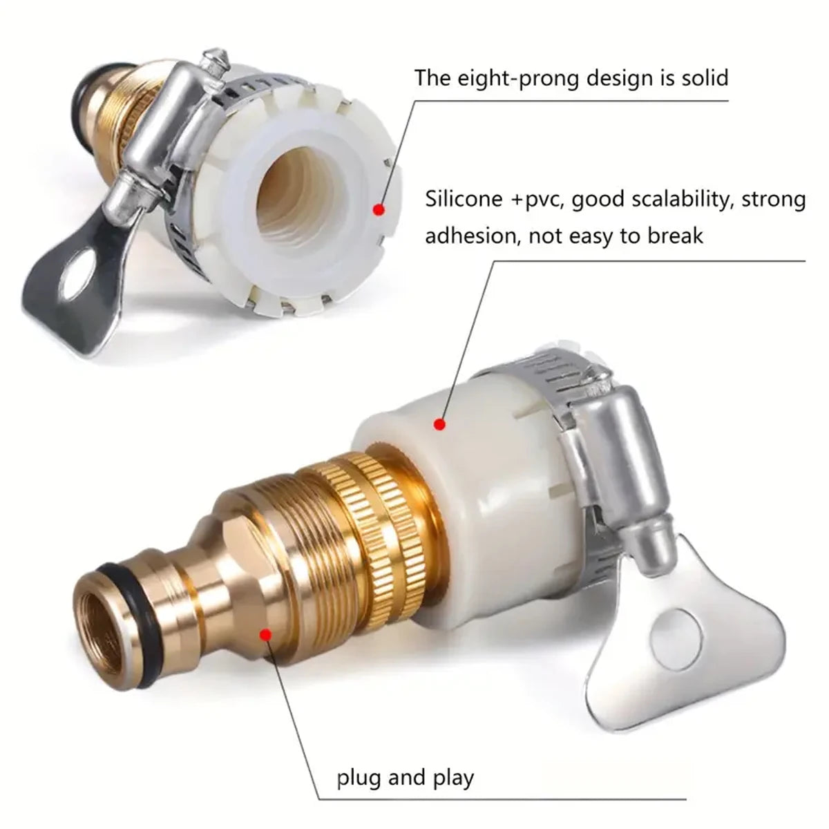 A multi-outlet faucet connector featuring an eight-prong design and a plug and play connection.