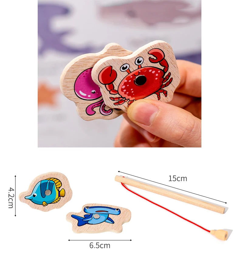 Wooden magnetic fishing game featuring marine life toys like a crab and a fish, used for educational play.