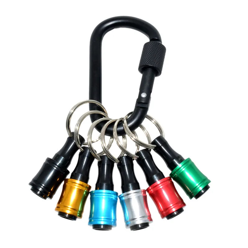 A set of six 1/4 inch hex shank screwdriver bit holders and extensions with various colored shafts.