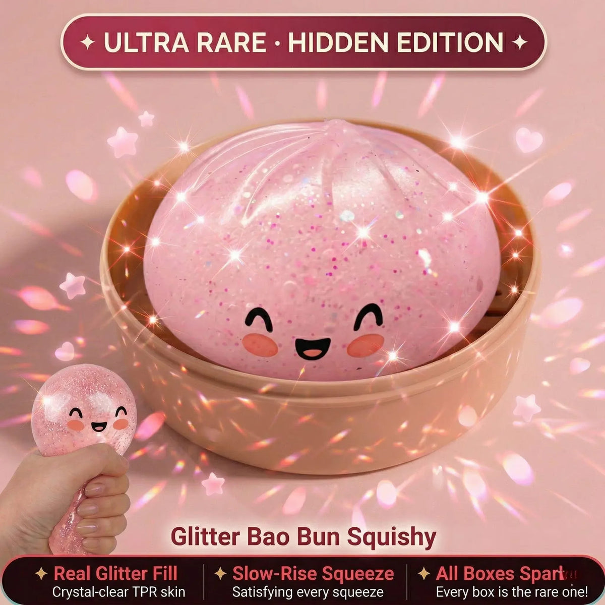Un juguete squishy de panecillo brillante rosa con purpurina, mostrado en un cuenco de madera con efectos brillantes.