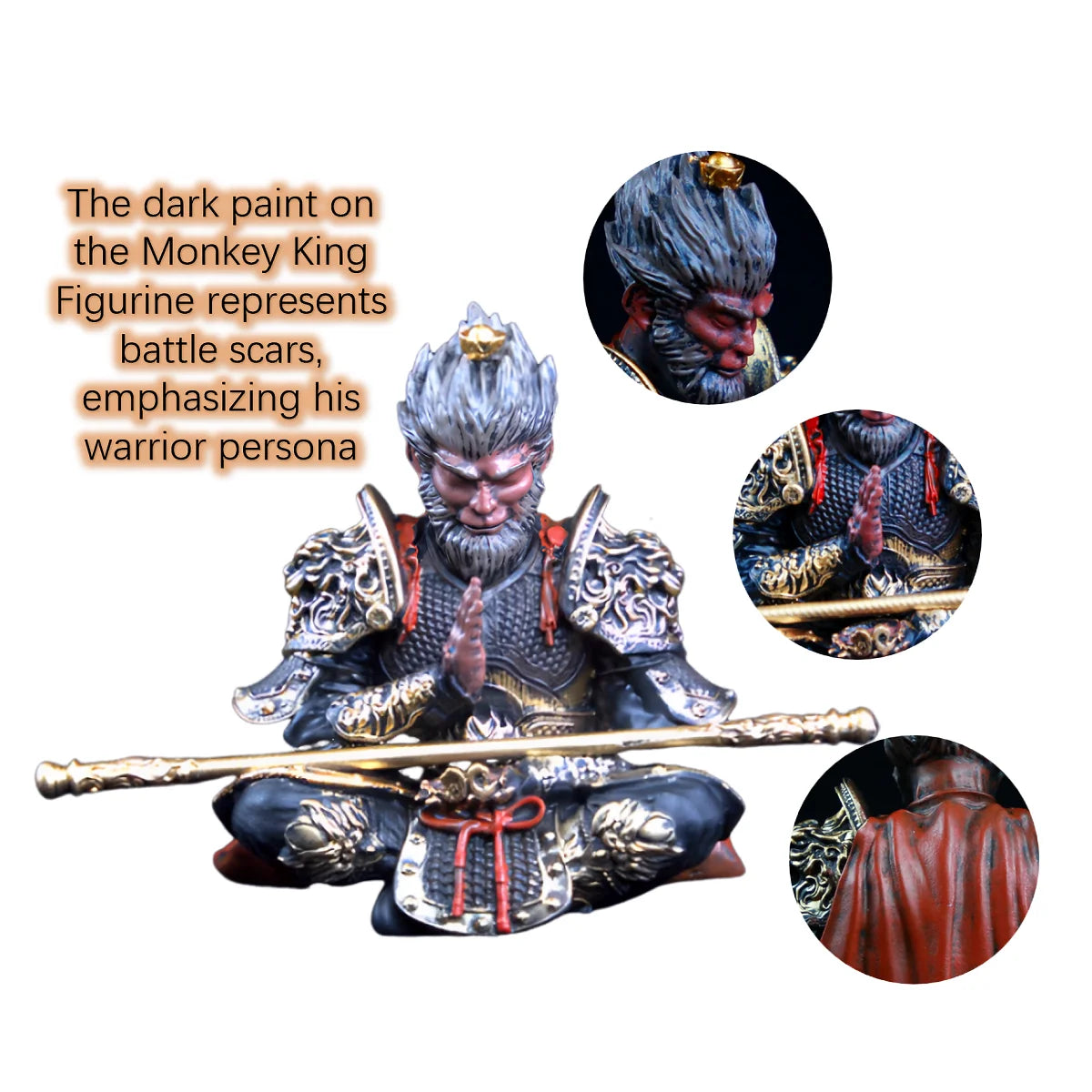 A hand-painted Monkey King figurine seated, showing battle scars and warrior persona.