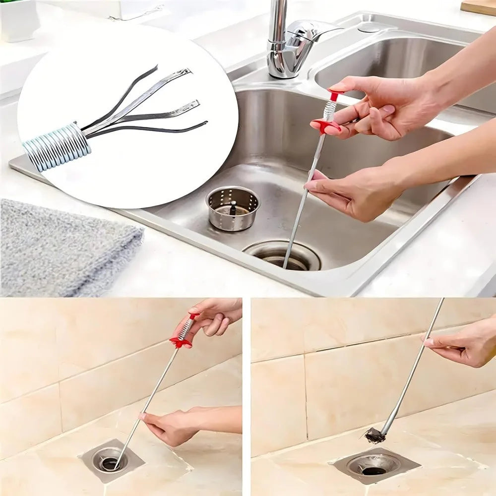 Hands are using a flexible drain snake to clear clogs in a kitchen sink.