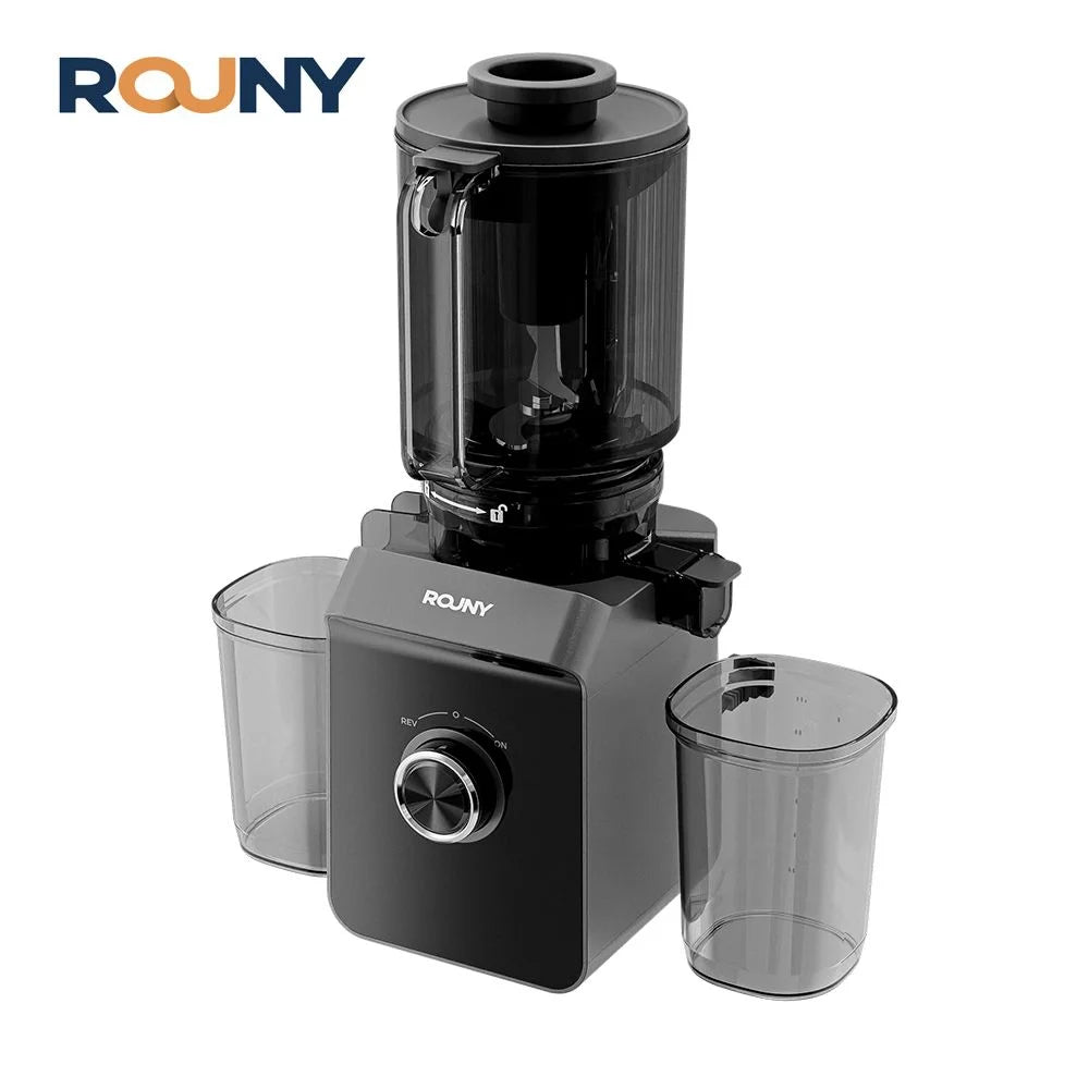 A black ROUNY slow juicer appliance with a large feed chute and auto pulp ejection feature.
