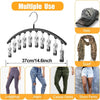 Multiple use hanger with 10 clips for organizing hats, scarves, leggings, jeans, casual pants, and short pants.