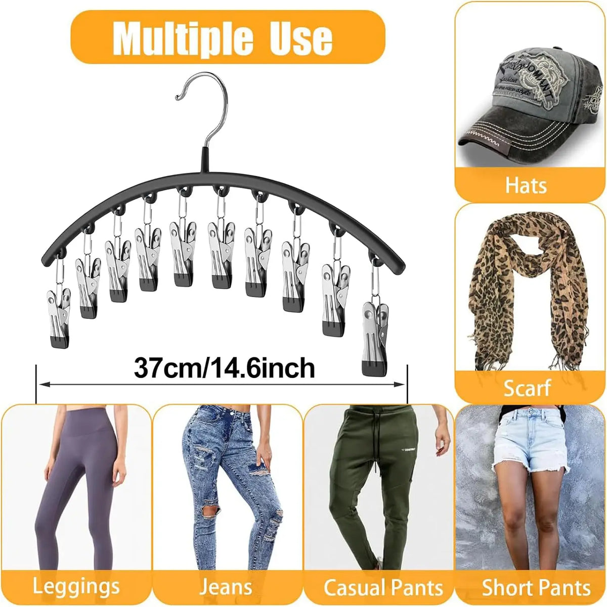 Multiple use hanger with 10 clips for organizing hats, scarves, leggings, jeans, casual pants, and short pants.