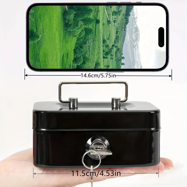 A black lockable metal cash box with a clear view of a smartphone screen and keys shown above it.