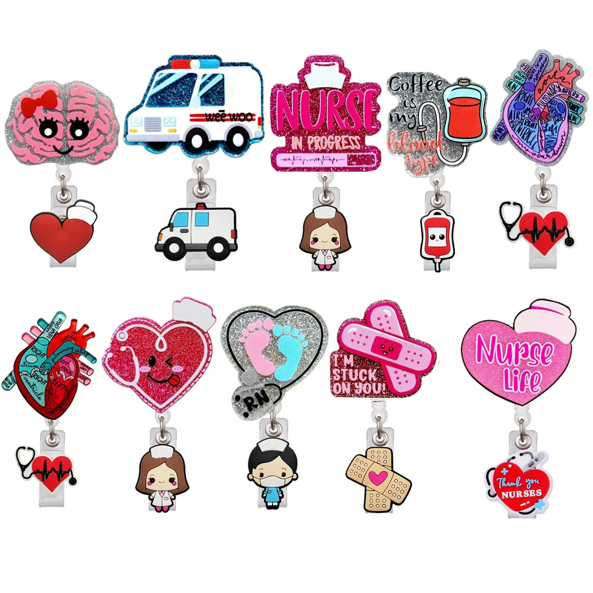 Heart Shape Glitter Acrylic Retractable Badge Reel with Crocodile Clip