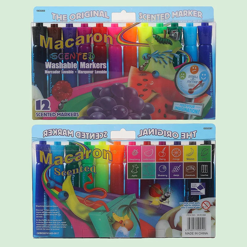 A set of 12 washable scented markers in various fruit colors for kids art supplies