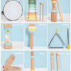 A collection of wooden percussion instruments including a tambourine, qin, frog croaking, triangle, maraca, sound of rain bot