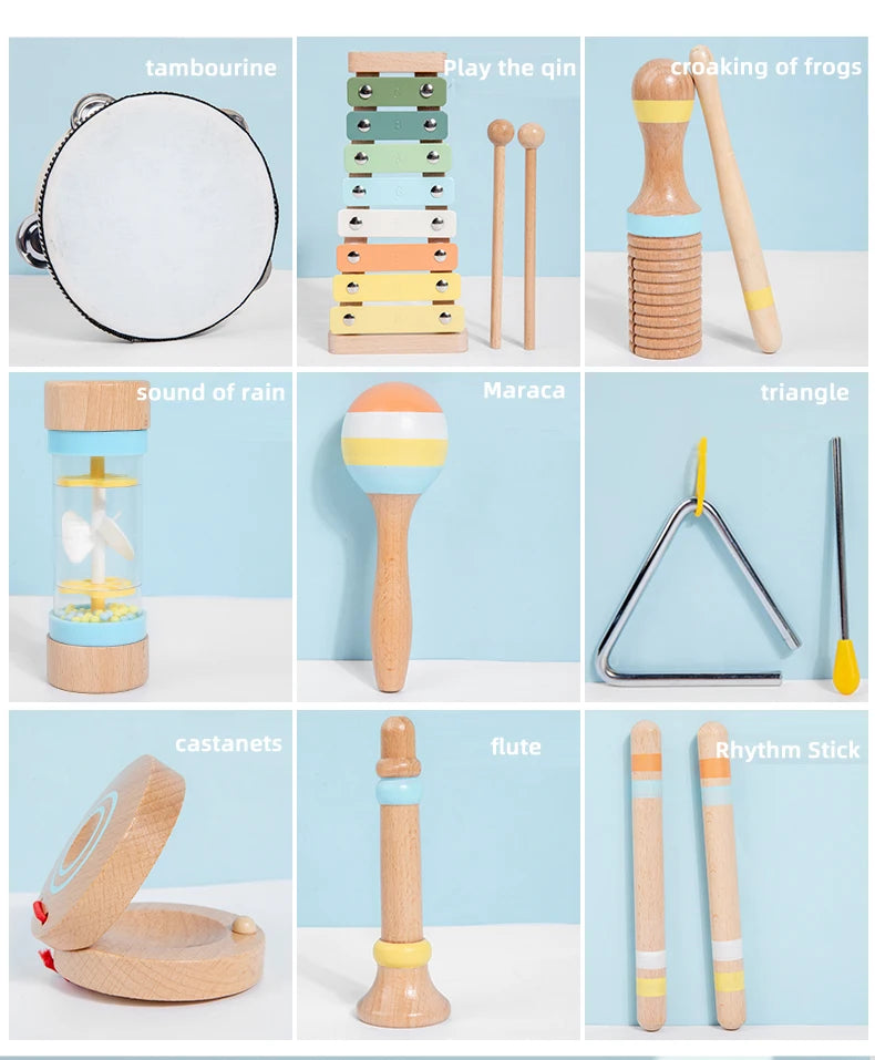 A collection of wooden percussion instruments including a tambourine, qin, frog croaking, triangle, maraca, sound of rain bot