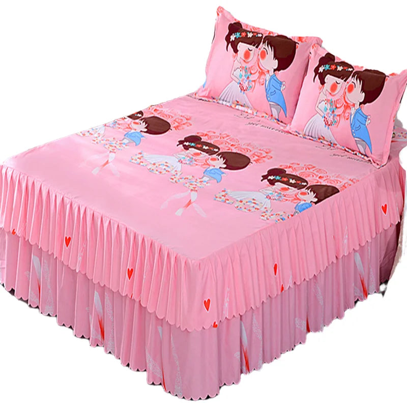 Elegant Elastic Fitted Bed Sheet Set with Lace Skirt and Pillowcases