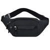 Black canvas waist pack or fanny pack with adjustable strap and multiple pockets