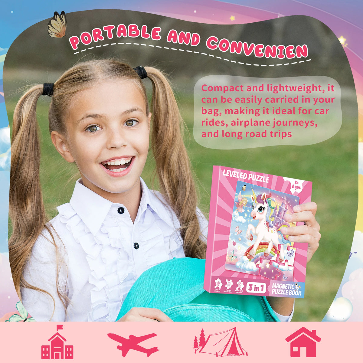 A smiling girl holds a pink magnetic puzzle book featuring a unicorn and mermaid princess theme.