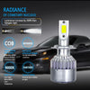 A pair of COB LED headlight bulbs with a silver housing and yellow light emitting from the lens.