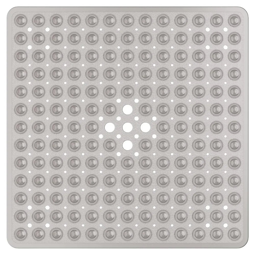 A gray non-slip shower mat with numerous suction cups for use on bathtub or bathroom floors.