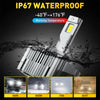 IP67 waterproof LED headlight bulbs being tested against rain, snow, fog, and dust.