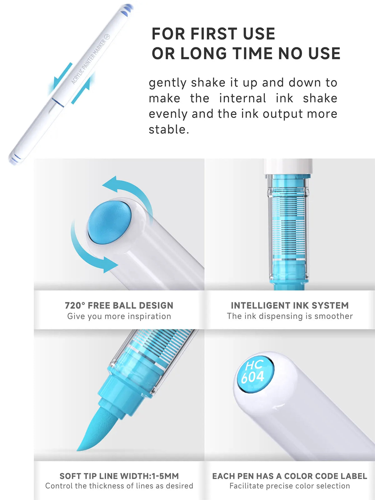 A white acrylic paint marker pen with a blue tip and various components demonstrating its features.