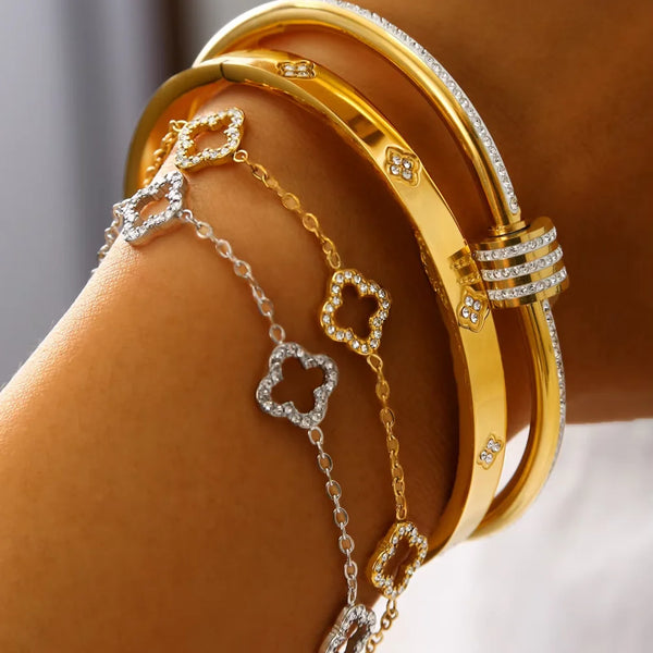 Pulsera de Cuatro Hojas de Trébol en Acero Inoxidable con Circonia Cúbica