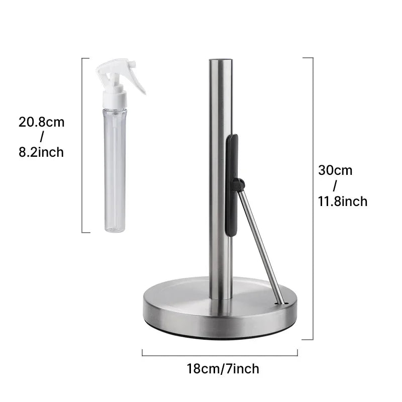 Stainless steel paper towel holder with a built-in spray bottle and dispenser.