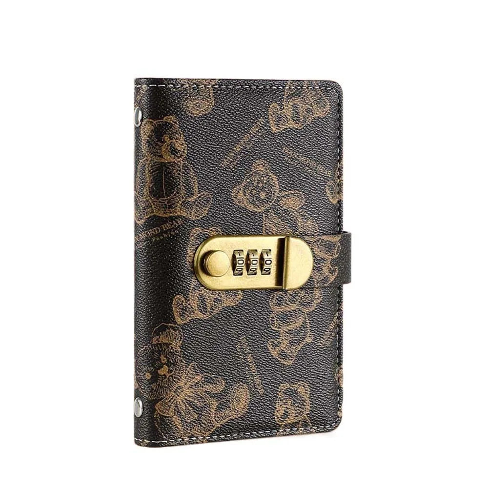 A black wallet organizer featuring a cartoon bear design and a gold-colored lock.