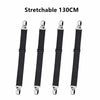 Set of four black stretchable bed sheet corner straps, 130cm long.